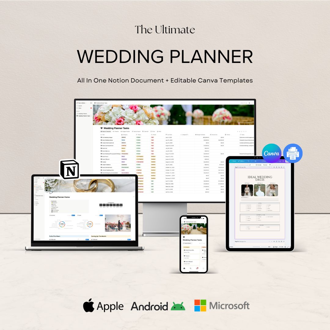 All-In-One Wedding Planner (Notion + Canva Templates)