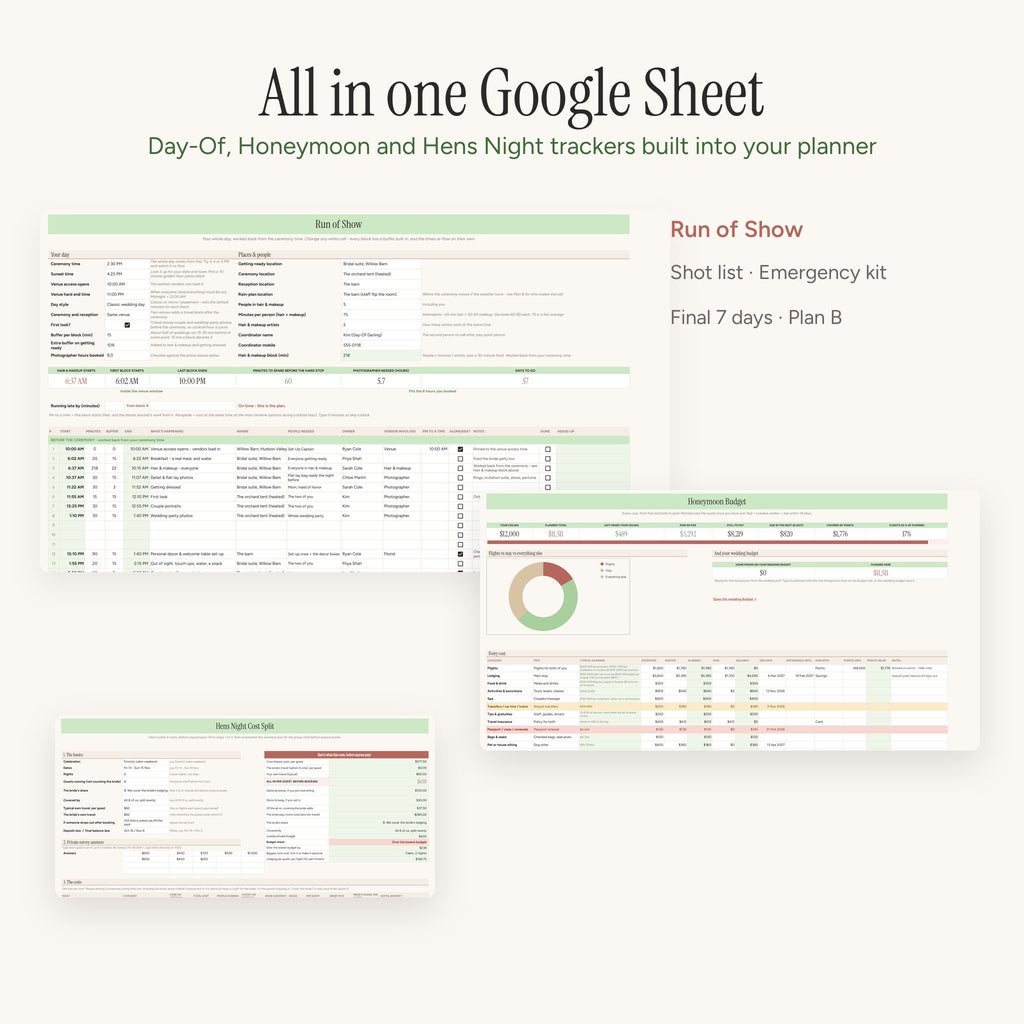Day-Of, Honeymoon and Hens Night trackers in one Google Sheet
