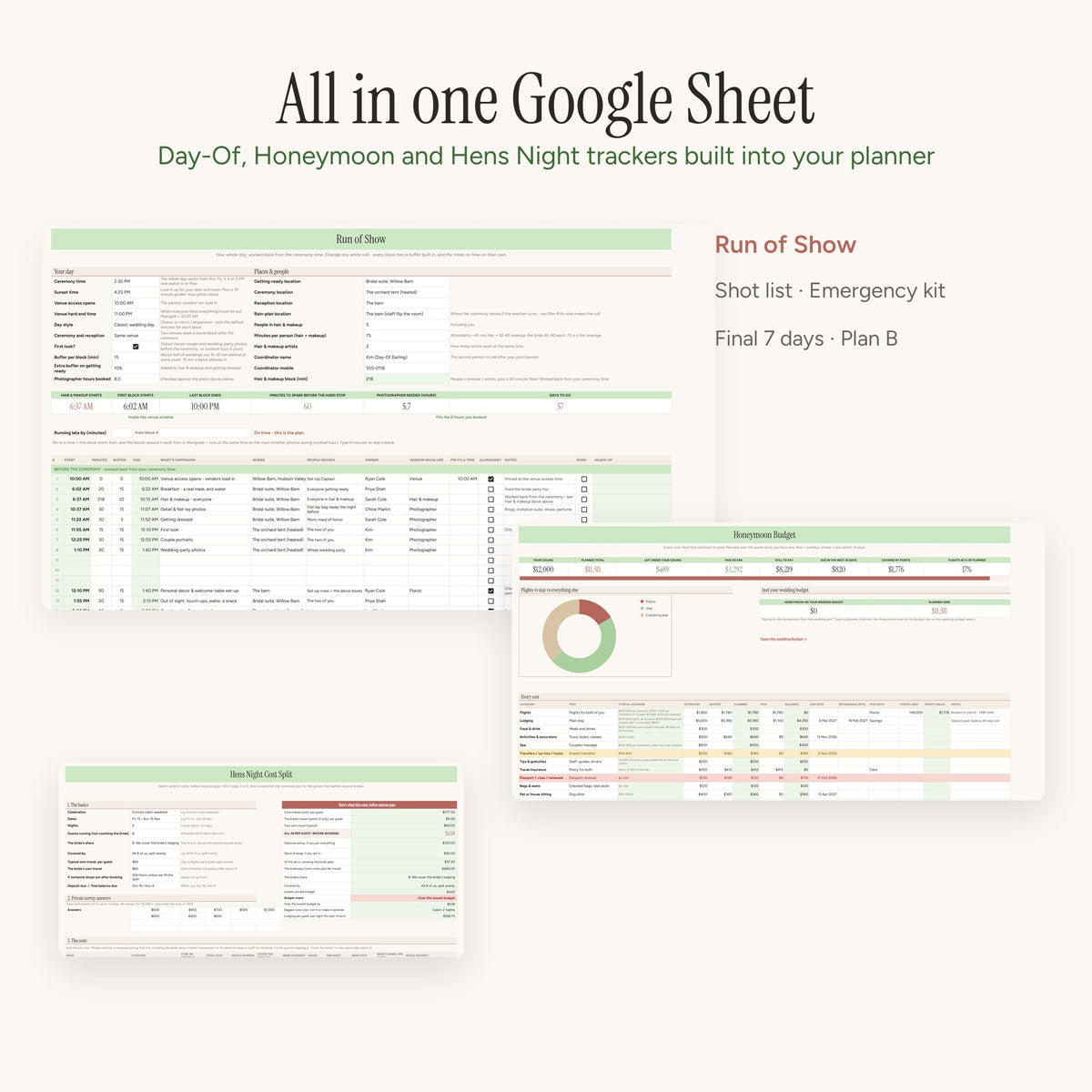 Day-Of, Honeymoon and Hens Night trackers in one Google Sheet