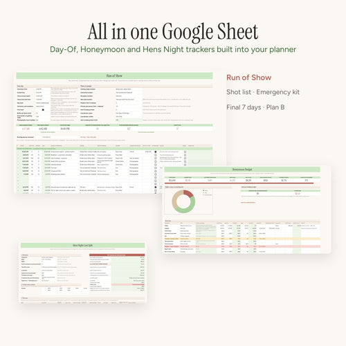 Day-Of, Honeymoon and Hens Night trackers in one Google Sheet