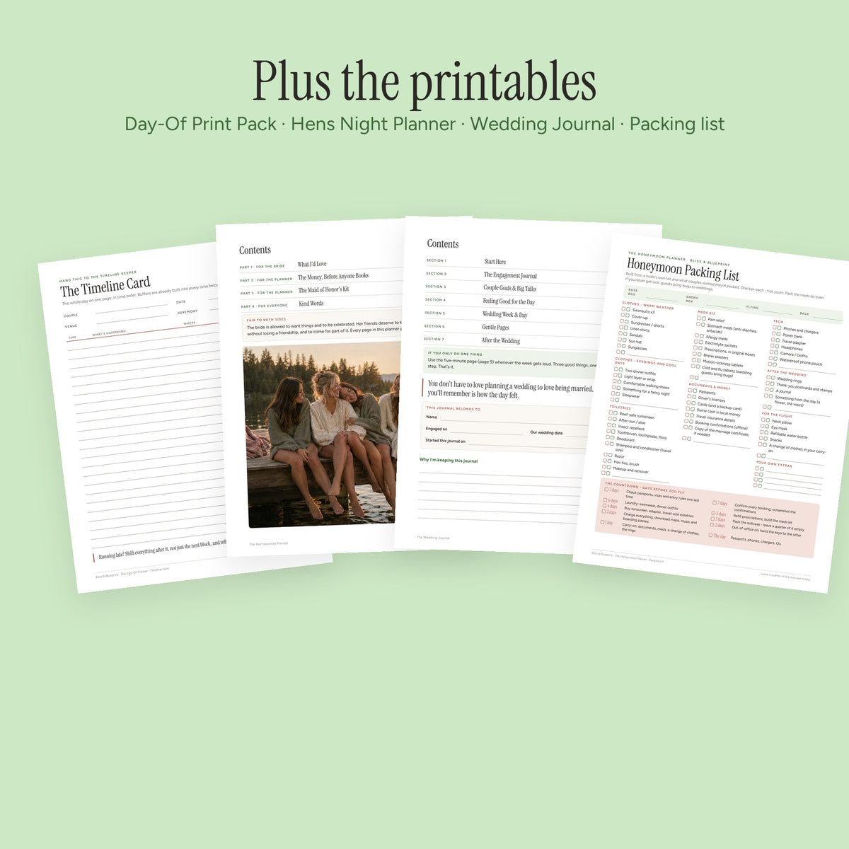 Bundle printables: Day-Of Print Pack, Hens Night Planner, Wedding Journal, packing list