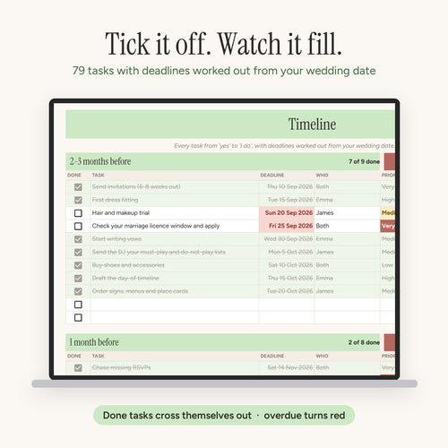 Wedding planner timeline: tick tasks off and watch progress fill