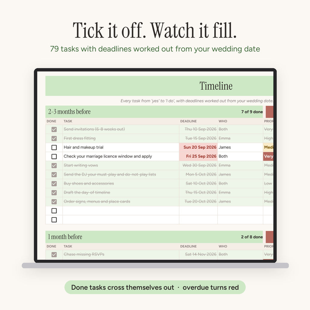 Wedding planner timeline: tick tasks off and watch progress fill
