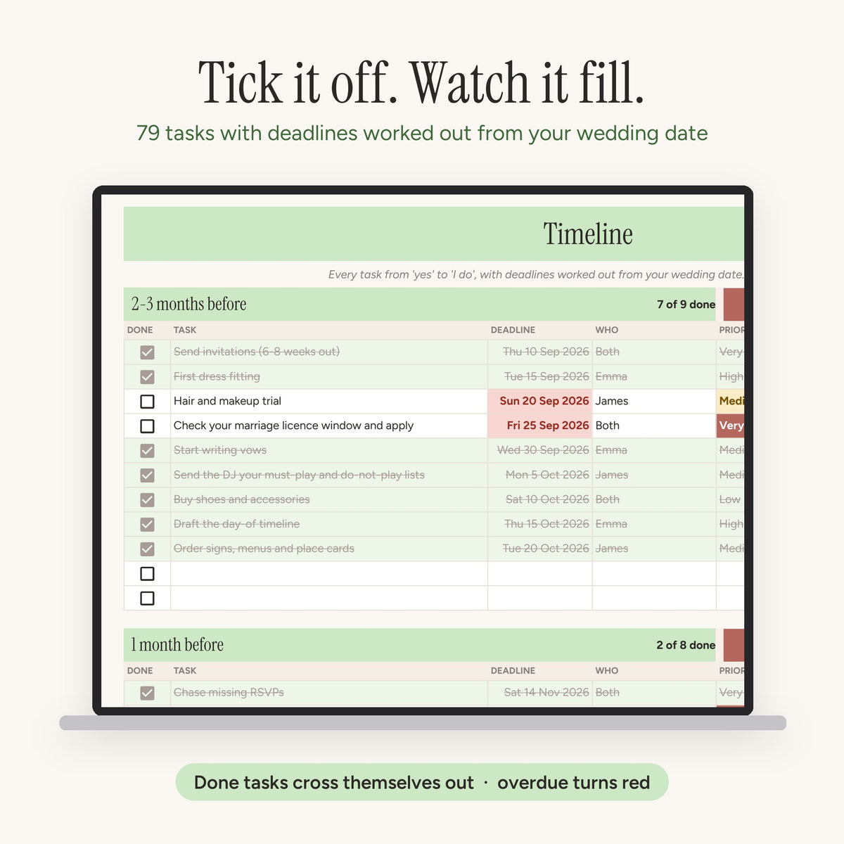 Wedding planner timeline: tick tasks off and watch progress fill