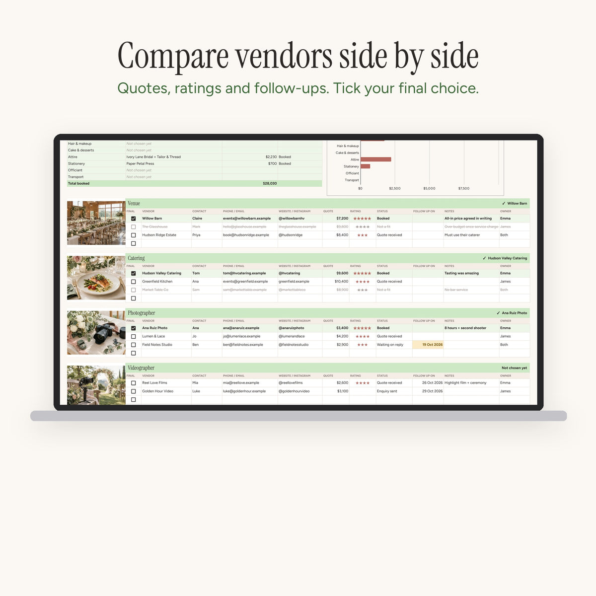 Compare wedding vendors side by side in the planner