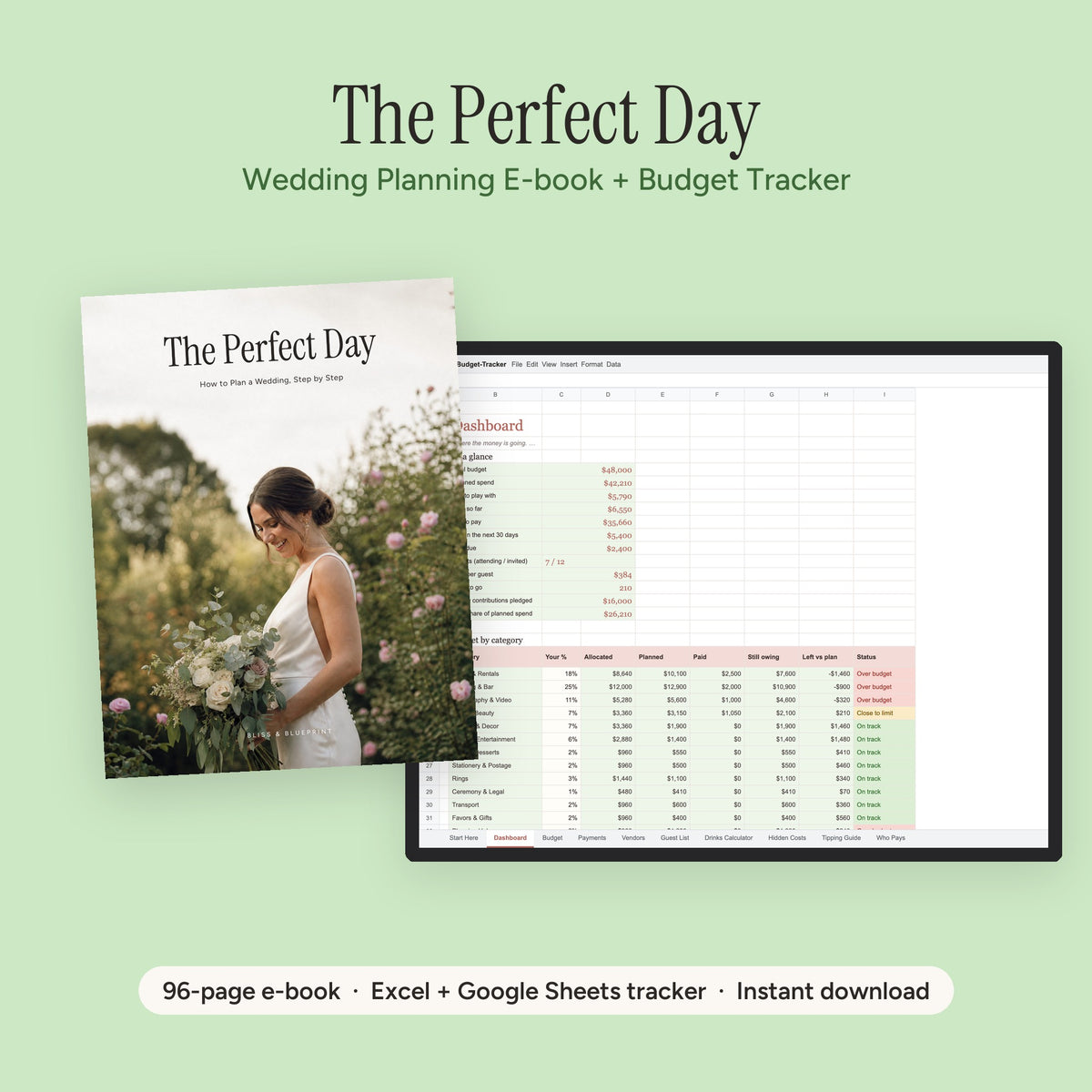 The Perfect Day wedding planning e-book cover beside the Wedding Budget Tracker dashboard on a laptop