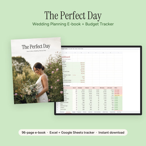 The Perfect Day wedding planning e-book cover beside the Wedding Budget Tracker dashboard on a laptop