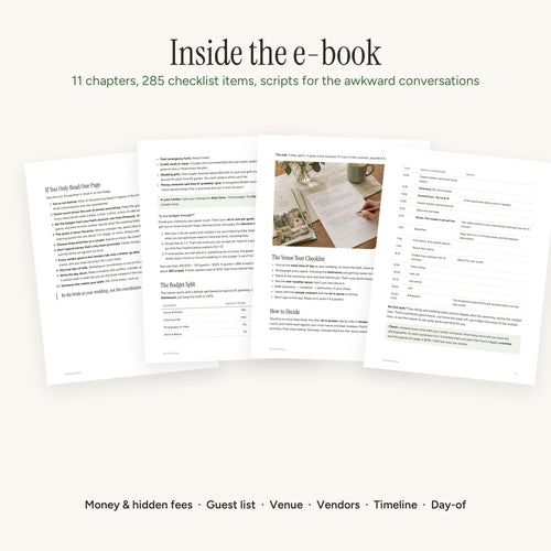 Pages from inside The Perfect Day e-book: checklists, the budget split and the venue tour checklist