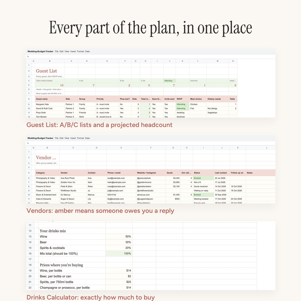 The tracker's Guest List, Vendors and Drinks Calculator tabs